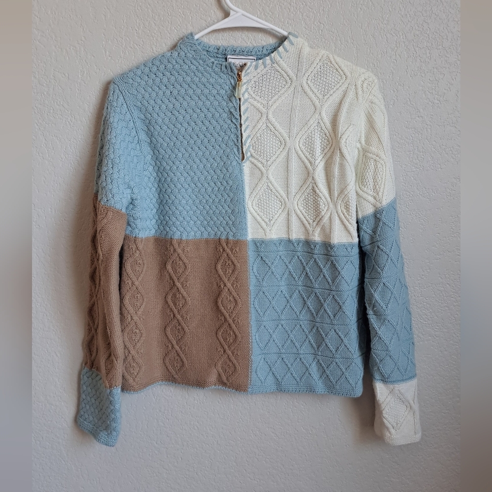 Cozy Brown Blue Colorblock Quarter Zip Pullover Knit Sweater Size Small